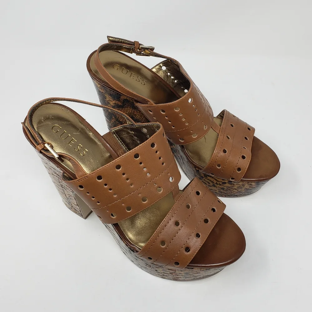 Guess Leather Platform‎ Chunky Heeled Shoes Size 8.5 Brown Tan Heels Ankle Strap
